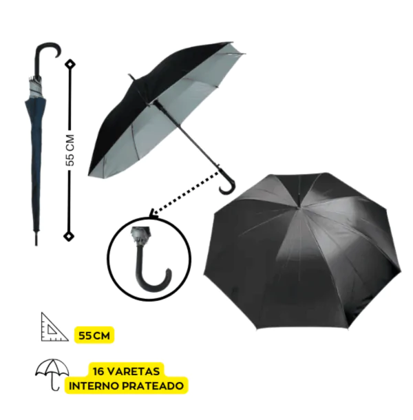 4206 Guarda Chuva PORTARIA + UV Preto 55 CM 16 VARETAS CX 60 Pçs